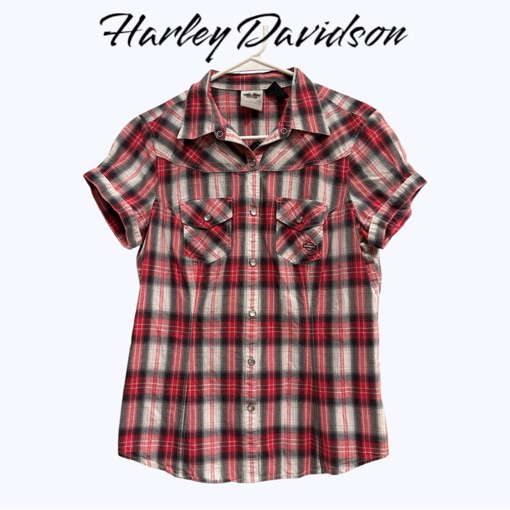 Harley Davidson Black & Red Plaid Button-Up, Medium